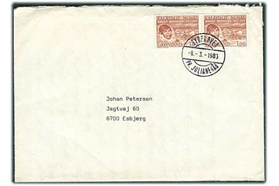 1 kr. Brønlund i parstykke på brev stemplet Sydprøven pr. Julianehåb d. 8.3.1983 til Esbjerg.