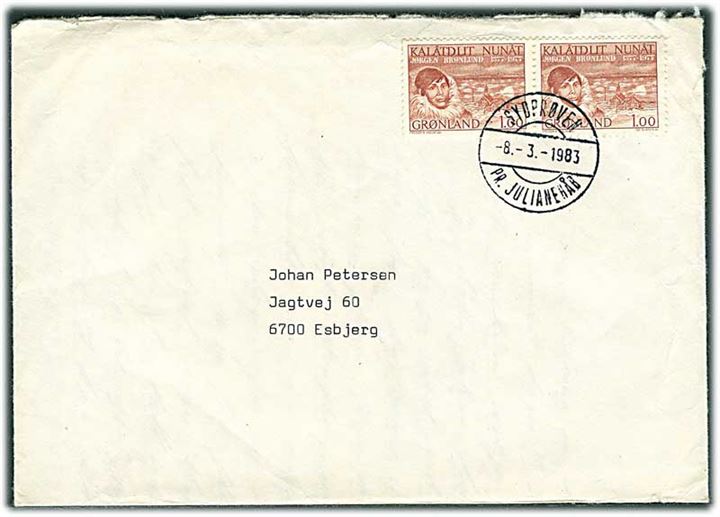 1 kr. Brønlund i parstykke på brev stemplet Sydprøven pr. Julianehåb d. 8.3.1983 til Esbjerg.