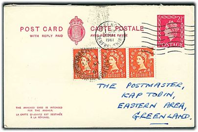 Engelsk 2½d spørgedel af dobbelt helsagsbrevkort opfrankeret med ½d Elizabeth i 3-stribe fra Greenock d. 20.5.1961 til Kap Tobin, Østgrønland.