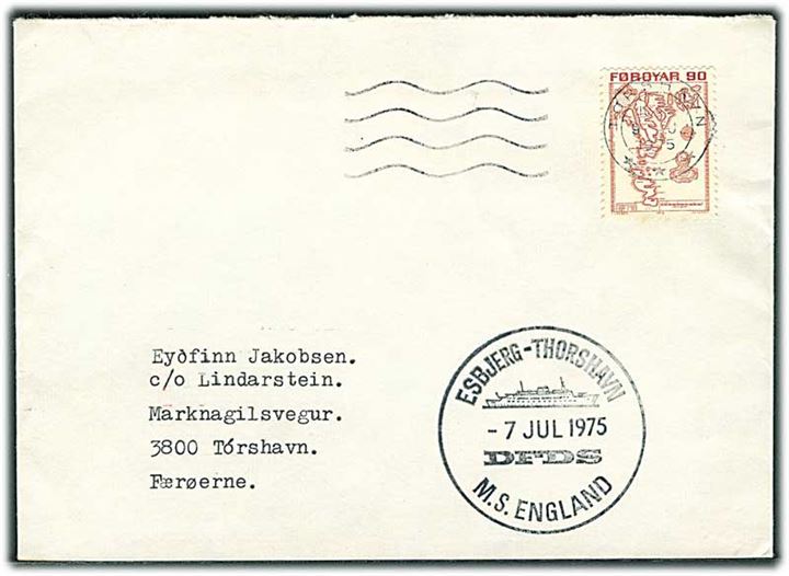 90 øre Landkort på brev stemplet Tórshavn d. 9.7.1975 til Tórshavn. Privat sidestempel: Esbjerg - Thorshavn DFDS M.S.England d. 7.7.1975.