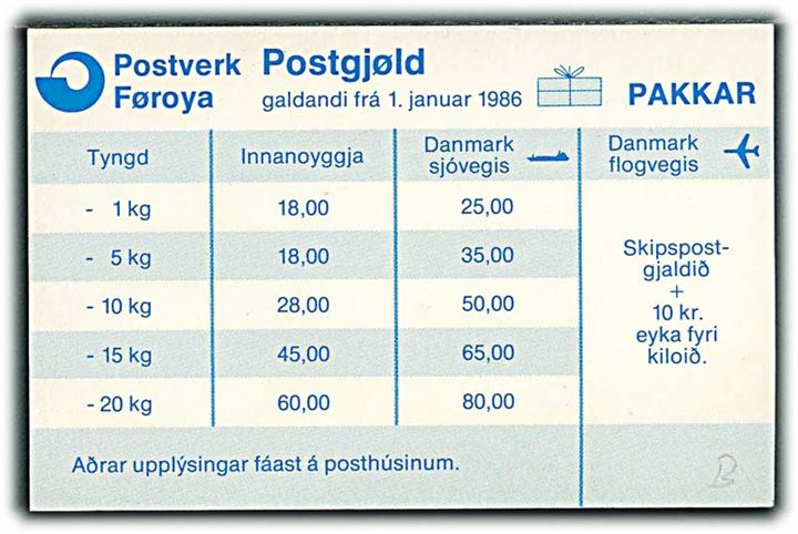 Postverk Føroya. Postgjøld - taksttabel for breve og pakker gyldig fra d. 1.1.1896.
