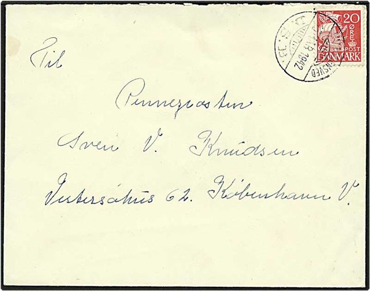 20 øre karavel på brev fra Lille Skensved d. 13.3.1942 til København. Annulleret med Lille Skensved - D.S.B. stempel! 