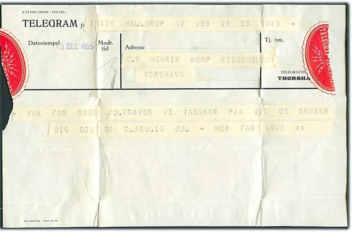 Telegrafstationen i Thorshavn Telegramformular AVI 1041 (30 000-1951) med julehilsen fra Hellerup modtaget d. 23.12.1953 til Thorshavn, Færøerne.