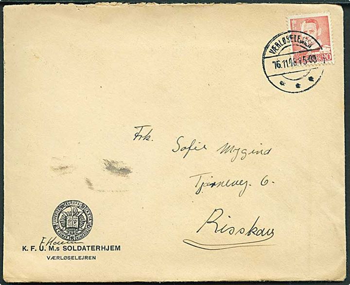 20 øre Fr. IX på KFUM Soldaterhjem kuvert annulleret med brotype IIc Værløselejren d. 16.11.1948 til Risskov.