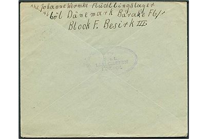 40 øre Chr. X på brev fra Oksbøl d. 16.1.1946 til Internationalt Røde Kors i Genéve, Schweiz. På bagsiden stempel: (krone) S.c.L. Lejrchefen i Oxbøl. 