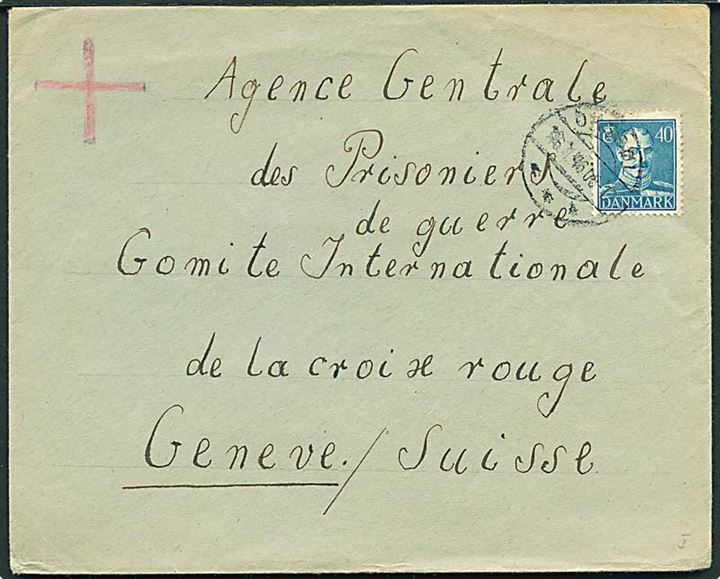 40 øre Chr. X på brev fra Oksbøl d. 16.1.1946 til Internationalt Røde Kors i Genéve, Schweiz. På bagsiden stempel: (krone) S.c.L. Lejrchefen i Oxbøl. 