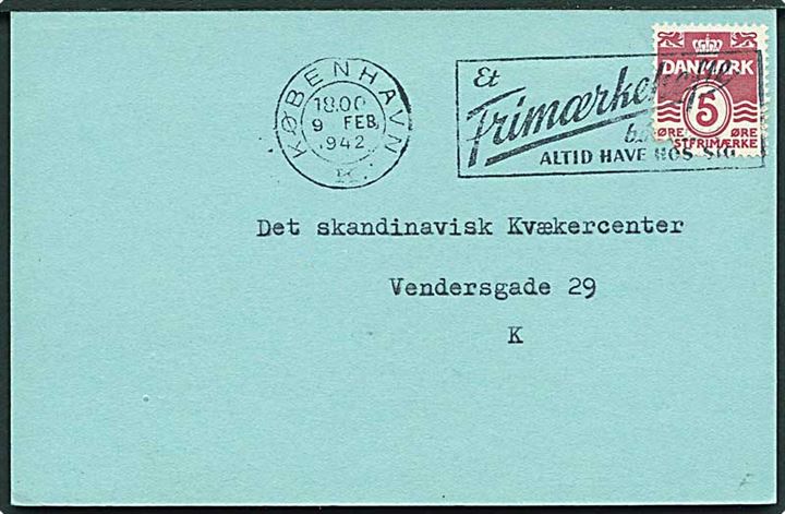 5 øre Bølgelinie på lokalt brevkort fra Dansk Røde Kors i København d. 9.2.1942 vedr. modtaget hjælpepakke til Det skandinaviske Kvækercenter.