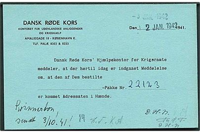 5 øre Bølgelinie på lokalt brevkort fra Dansk Røde Kors i København d. 2.1.1942 vedr. modtaget hjælpepakke til Det skandinaviske Kvækercenter.
