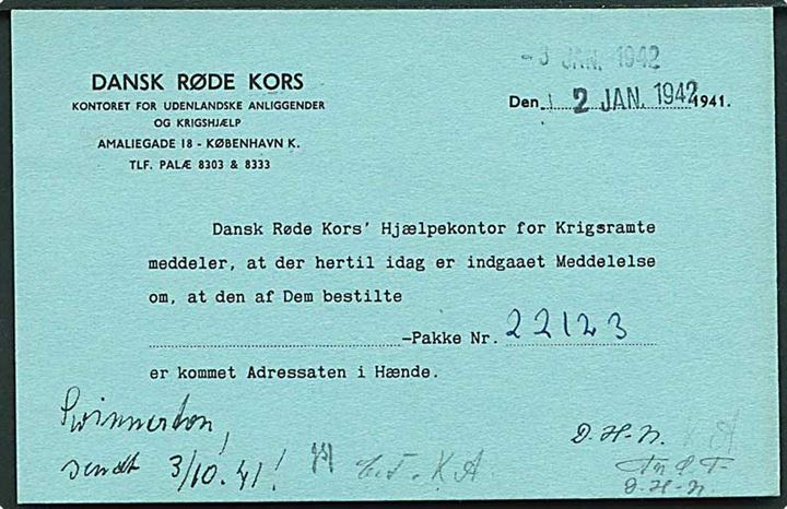 5 øre Bølgelinie på lokalt brevkort fra Dansk Røde Kors i København d. 2.1.1942 vedr. modtaget hjælpepakke til Det skandinaviske Kvækercenter.