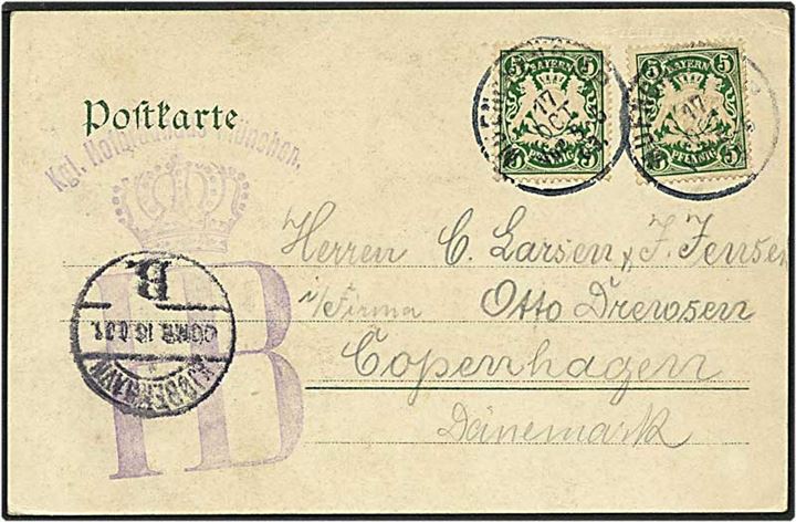 5 pfennig grøn på postkort fra München, Tyskland, d. 17.10.1903 til Odense.