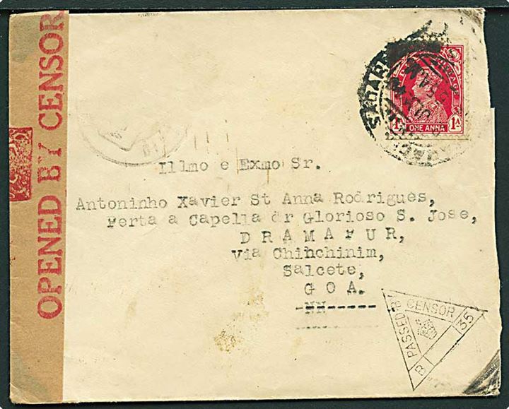 1 A. George VI på brev 2,7,1940 til Dramapur via Chinchinim, Salcete, Goa i Portugisisk Indien. Åbnet af indisk censur. 