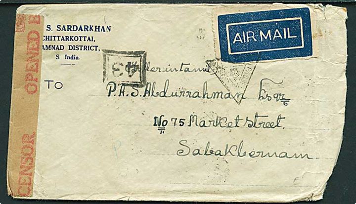 2 As. (7) på bagsiden an luftpost brev fra Chittarkottai d. 27.10.1940 til Sabak Bernam, Malaya. Åbnet af indisk censur. Flosset.