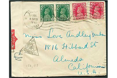 9 pies (2) og 1 anna (2) George VI på brev fra Bombay d. 10.1.1941 til Almeda, USA. Åbnet af indisk censur.