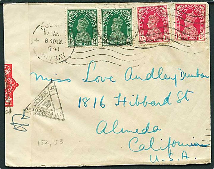 9 pies (2) og 1 anna (2) George VI på brev fra Bombay d. 10.1.1941 til Almeda, USA. Åbnet af indisk censur.