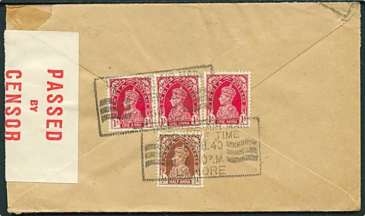 ½ a. og 1 a. (3) George VI på bagsiden af brev fra Lahore d. 5.2.1940 til København, Danmark. Åbnet af indisk censur.