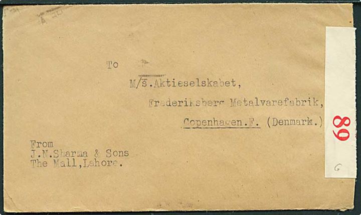 ½ a. og 1 a. (3) George VI på bagsiden af brev fra Lahore d. 5.2.1940 til København, Danmark. Åbnet af indisk censur.