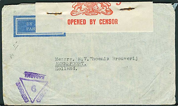 3 A. 6Ps, George V og 6 As. George VI på bagsiden af luftpostbrev fra Bombay d. 5.9.1939 til Amersfoort, Holland. Åbnet af indisk censur.