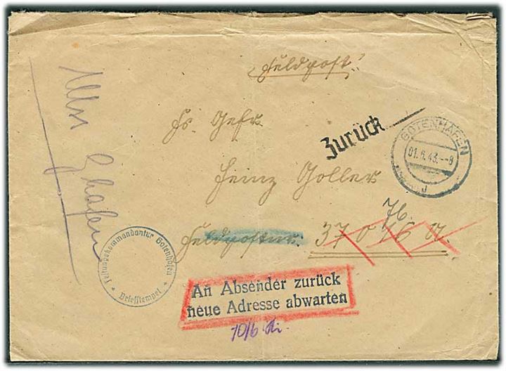Ufrankeret feltpostbrev fra Gotenhafen d. 1.6.1943 til soldat ved Feldpost nr. 37016U - retur og genfremsendt til Feldpost nr. 37076U = Küstenüberwachungsstelle Kopenhagen. Flere stempler.