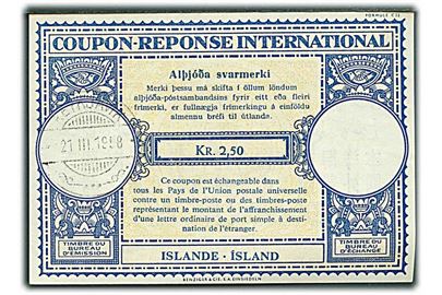 2,50 kr. International Svarkupon stemplet Reykjavik d. 21.3.1958.