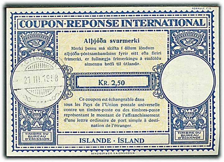 2,50 kr. International Svarkupon stemplet Reykjavik d. 21.3.1958.