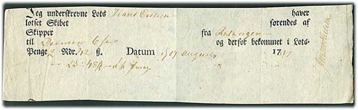 Lodskvittering for betaling af 2 Rdr. 42 sk. for lodsning af skib fra Aatangen til Drammen d. 27.8.1817. 