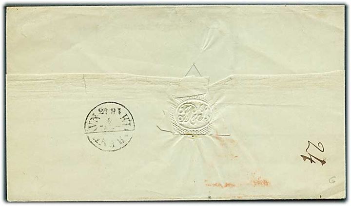 1845. Francobrev med antiqua Kjøbenhavn d. 24.4.1845 til Hirschholm. Påskrevet 2 skilling bærepenge.