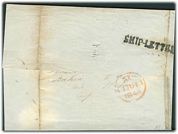 1846. Brev fra Bahia i Brasilien d. 8.4.1846 til London, England. Liniestempel: Ship-Letter og ank.stemplet d. 11.6.1846.