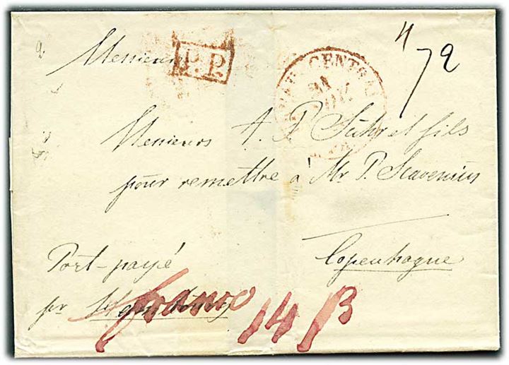 1837. Francobrev med svagt stempel d. 21.11.1837 via Hamburg Th.& T. d. 26.11.1837 til København, Danmark.