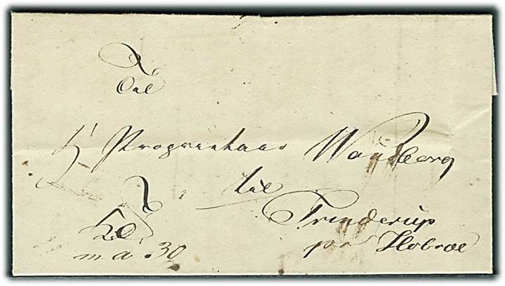 1838. Tjenestebrev mærket K.T.m.a.30 fra Randers Amt d. 24.10.1838 til Trinderup pr. Hobroe.