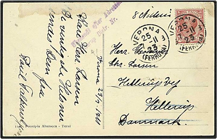 10 lire rød på postkort fra Verona, Italien d. 7.11.1923 til Hellerup. Ubekendt efter adressen.