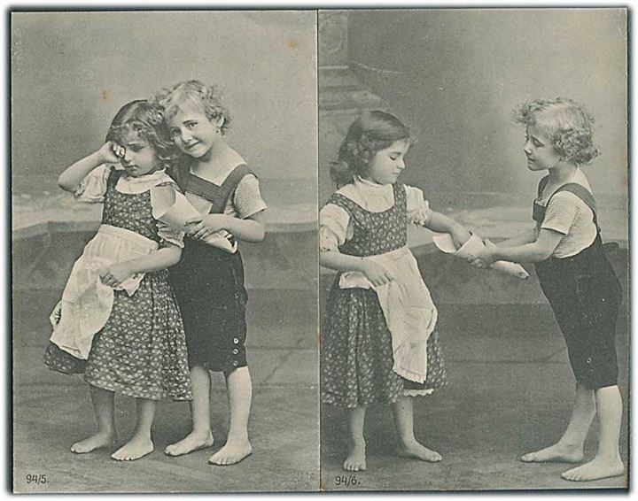 6 postkort med pige og dreng i forskellige positioner. No. 94/1, 2, 3, 4, 5, & 6. 