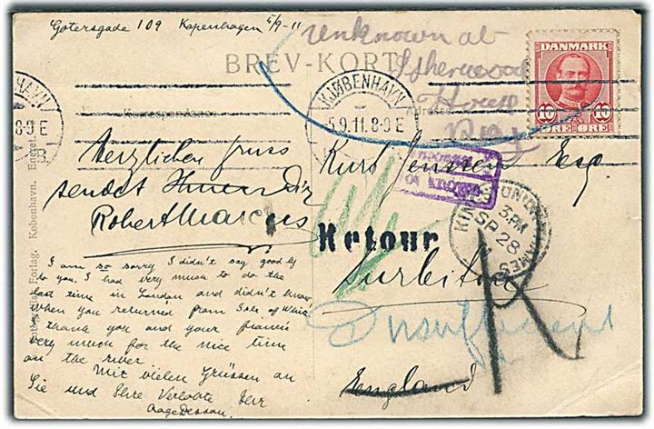 10 øre Fr. VIII på brevkort fra Kjøbenhavn d. 5.9.1911 til England. Retur som ubekendt.