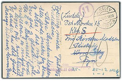 Ufrankeret julekort med pr.-stempel Herslev pr. Fredericia d. 22.12.1958 til Nørre Aaby - eftersendt til København. Udtakseret i 10 øre porto og anmeldt til afhentning.