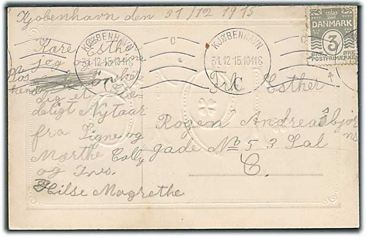 3 øre Bølgelinie med FT sammenhængende på lokalt brevkort i Kjøbenhavn d. 31.12.1915.