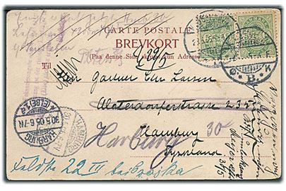 5 øre Våben i parstykke på brevkort fra Kjøbenhavn d. 28.5.1905 til Hamburg, Tyskland. Eftersendt flere gange.