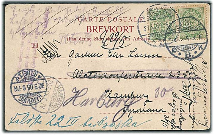 5 øre Våben i parstykke på brevkort fra Kjøbenhavn d. 28.5.1905 til Hamburg, Tyskland. Eftersendt flere gange.
