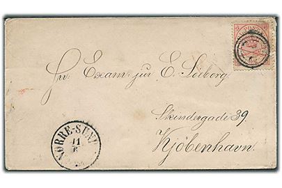4 sk. Krone/Scepter på brev annulleret med svagt nr.stempel og sidestemplet antiqua Nørre-Sundby d. 11.6.186x til Kjøbenhavn. 