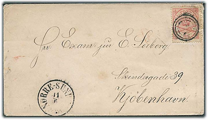 4 sk. Krone/Scepter på brev annulleret med svagt nr.stempel og sidestemplet antiqua Nørre-Sundby d. 11.6.186x til Kjøbenhavn. 