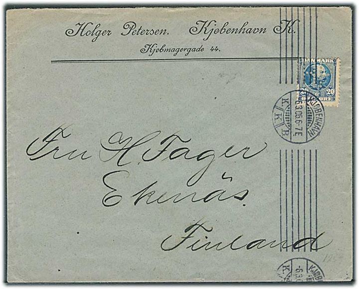 20 øre Chr. IX med perfin HP på firmakuvert fra Holger Petersen i Kjøbenhavn d. 6.3.1906 til Ekenäs, Finland.