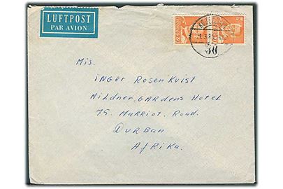 80 øre Fr. IX i parstykke på luftpostbrev fra København d. 21.3.1960 til Durban, Sydafrika.