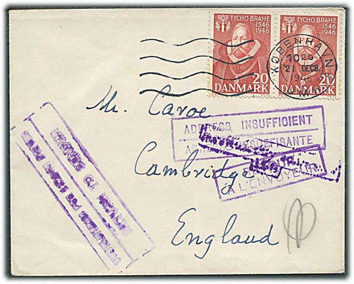 20 øre Thyco Brahe i parstykke på brev fra København d. 21.12.1946 til Cambridge, England. Retur som ubekendt.