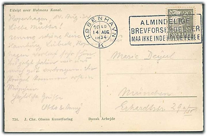 20 øre Karavel på brevkort fra København d. 14.8.1934 til München, Tyskland.