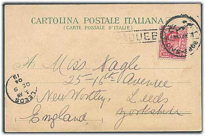 1d Edward VII på italiensk brevkort fra Napoli annulleret med skibsstempel Paquebot og sidestemplet Port Said d. xx.11.1904 til Leeds, England.