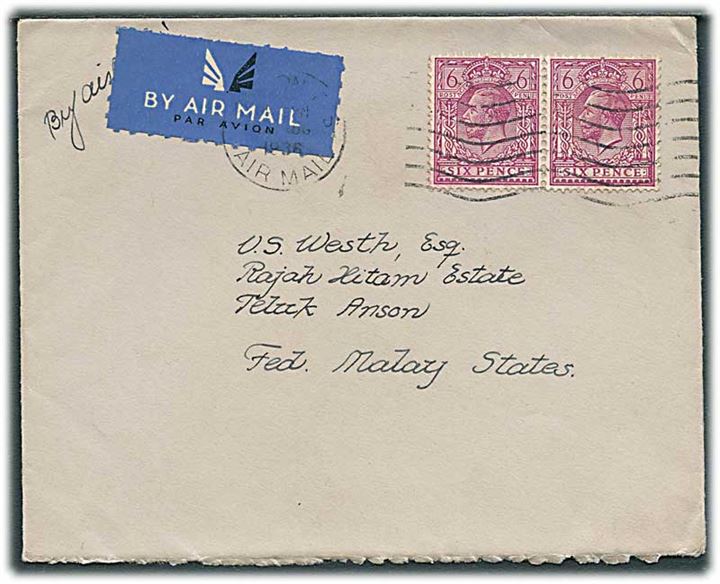 6d George V i parstykke på luftpostbrev fra London 1935 til Teluk Anson, Malaya.