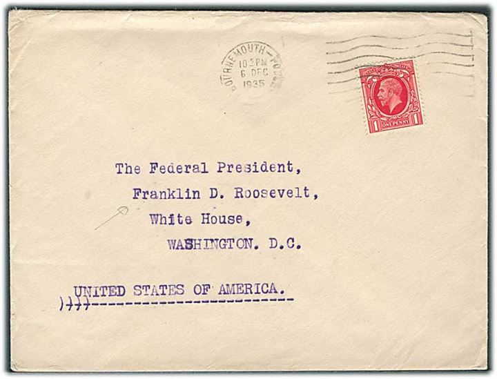 1d George V på brev fra Bournemouth d. 6.12.1935 til Præsident Franklin D. Roosevelt, White House, Washington DC, USA.