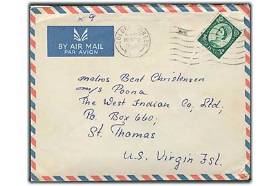 1'3 sh. Elizabeth single på luftpostbrev fra Golden Green d. 19.10.162 til sømand ombord på M/S Poona, St. Thomas, U.S. Virgin Islands (Tidl. Dansk Vestindien).