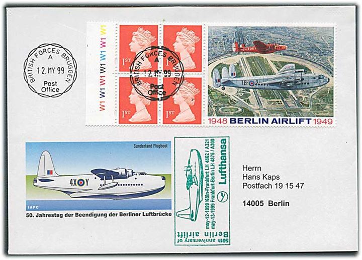 Berlin Airlift blok udg. på filatelistisk brev annulleret med feltpoststempel fra British Forces Bruggen d. 12.5.1999 til Berlin.