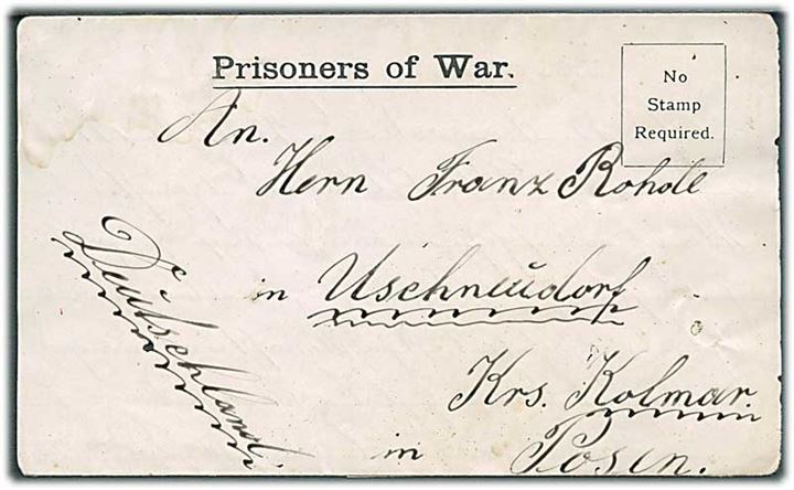 Ufrankeret fortrykt krigsfange-foldebrev fra tysk krigsfange i Camp Frongoch, Bala, Wales d. 24.2.1918 til Tyskland. Åbnet af britisk krigsfangecensur no. PW 695.