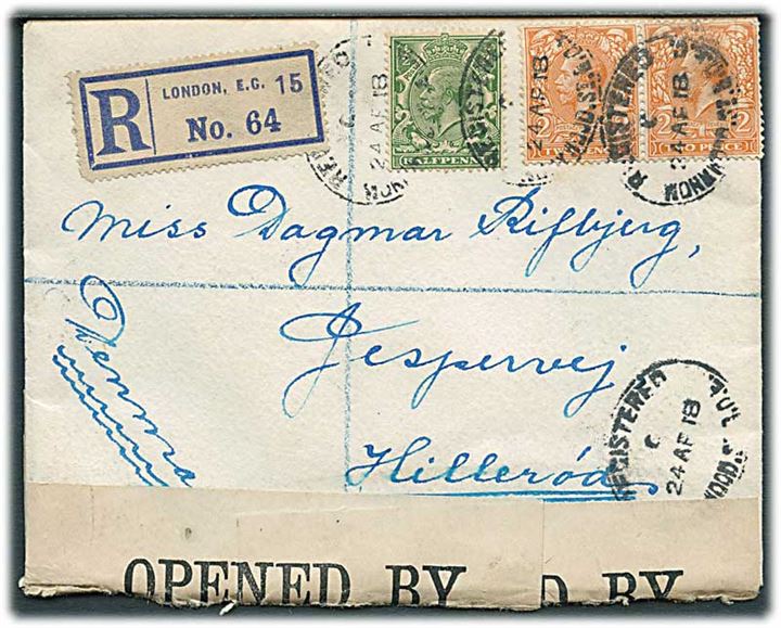 ½d og 2d (par) George V på anbefalet brev fra London d. 24.4.1918 til Hillerød, Danmark. Åbnet af britisk censur no. 795.