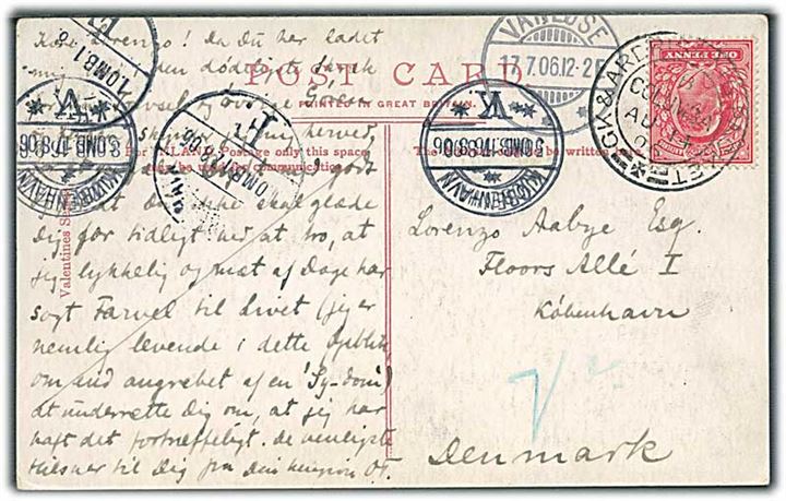 1d Edward VII på brevkort fra Edinburgh annulleret med sejlende bureau GK & Ardrishaig Packet B Columba d. 14.8.1906 Til Kjøbenhavn, Danmark. Benyttet ombord på hjuldamperen Columba på river Clyde.